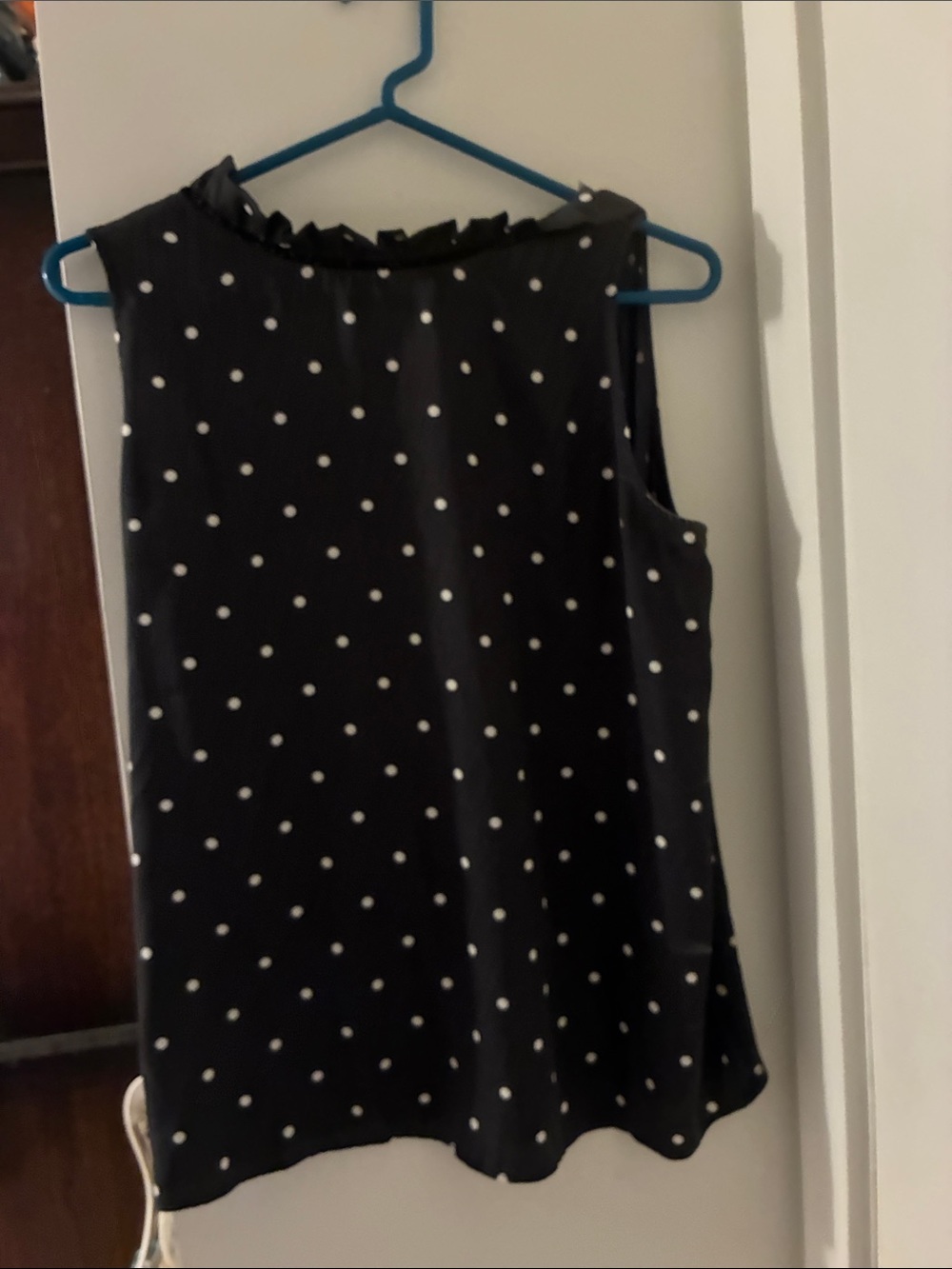 Loft Sleeveless Black Polka Dot Top with Ruffle Neckline